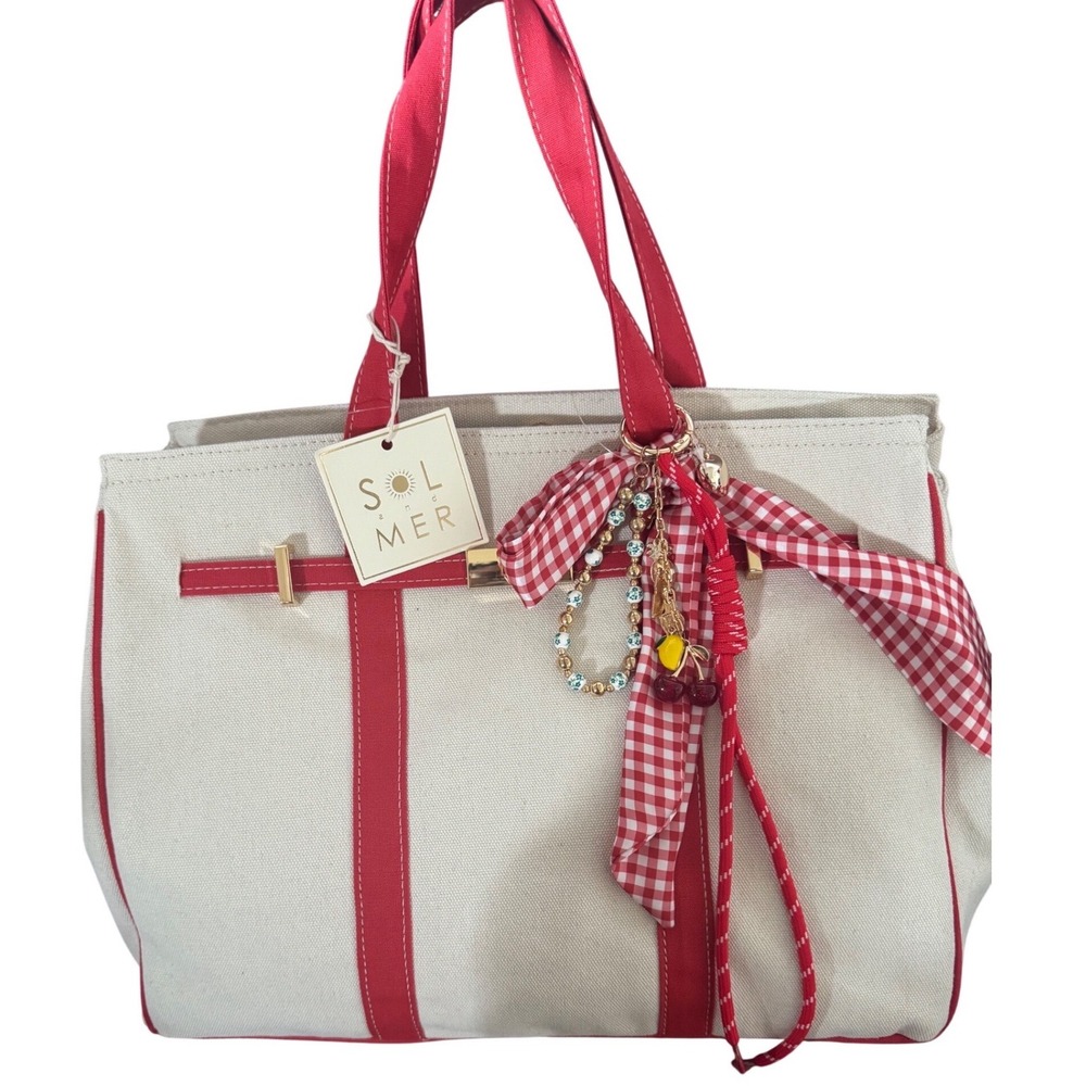 SOL MER Red Cream Canvas Fruit Cherry Charm Bag Large Tote Shoulder Bag